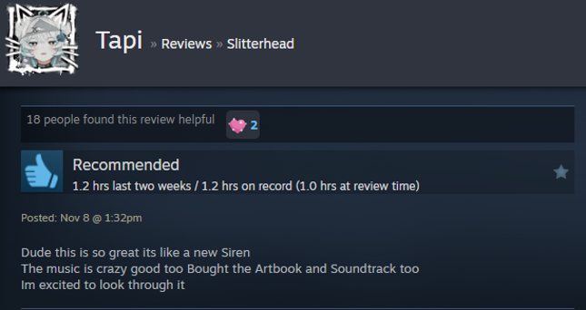 Screenshot showing a Steam user review of Slitterhead.